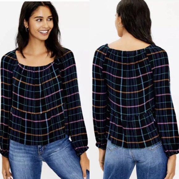 LOFT Peasant Blouse Size Small Windowpane Plaid Peplum Skirted Drop Waist 576950 - Picture 2 of 13
